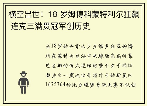 横空出世！18 岁姆博科蒙特利尔狂飙 连克三满贯冠军创历史