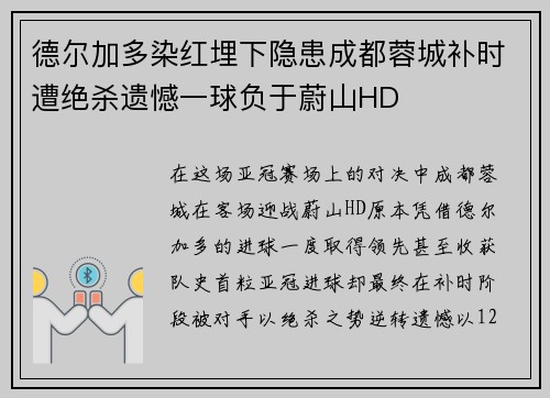 德尔加多染红埋下隐患成都蓉城补时遭绝杀遗憾一球负于蔚山HD